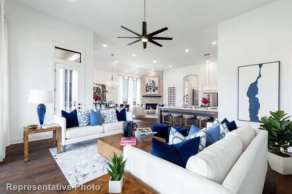 Dining room, Fireplace, Interior, Kitchen, Living room, Pendant Lights, Recessed Lighting, Wood Texture Flooring