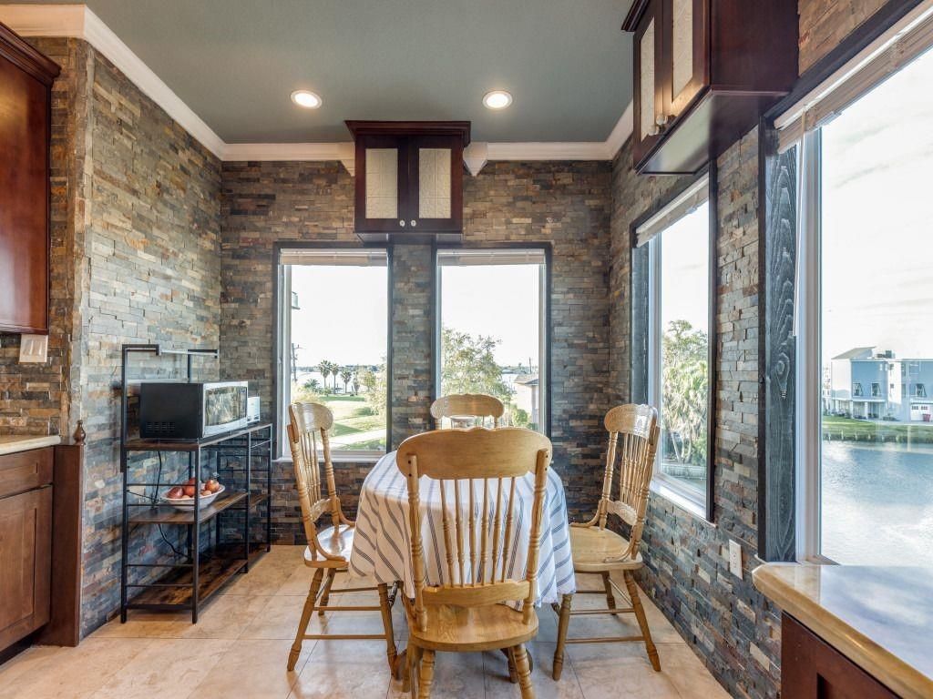 Dining room, Interior, Recessed Lighting, Stone Walls, Water