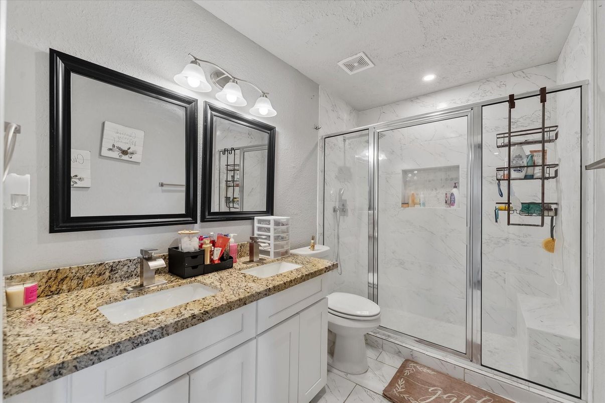 Bathroom, Glass Shower, Interior, Marble, Marble Walls, Recessed Lighting