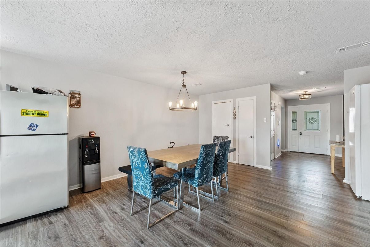 Dining room, Interior, Pendant Lights, Wood Texture Flooring