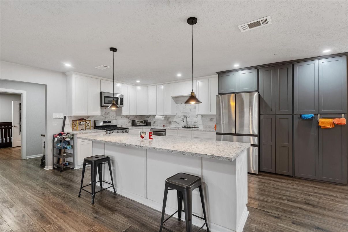 Interior, Kitchen, Pendant Lights, Recessed Lighting, Stainless Steel Appliances, Wood Texture Flooring