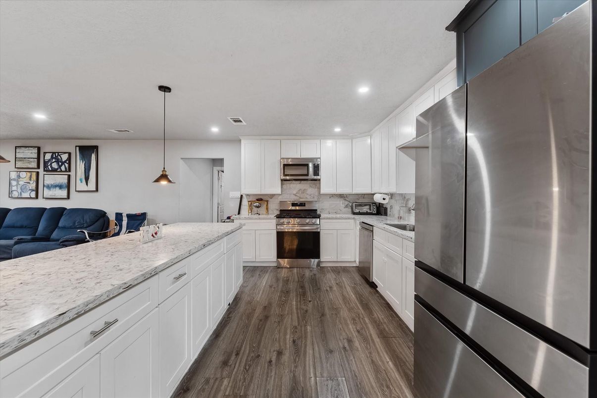 Interior, Kitchen, Pendant Lights, Recessed Lighting, Stainless Steel Appliances, Wood Texture Flooring
