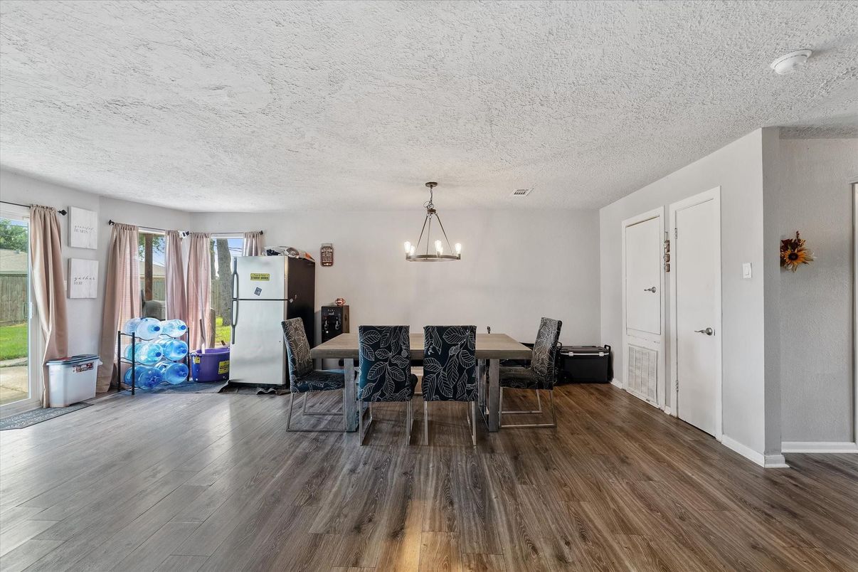 Dining room, Interior, Pendant Lights, Wood Texture Flooring
