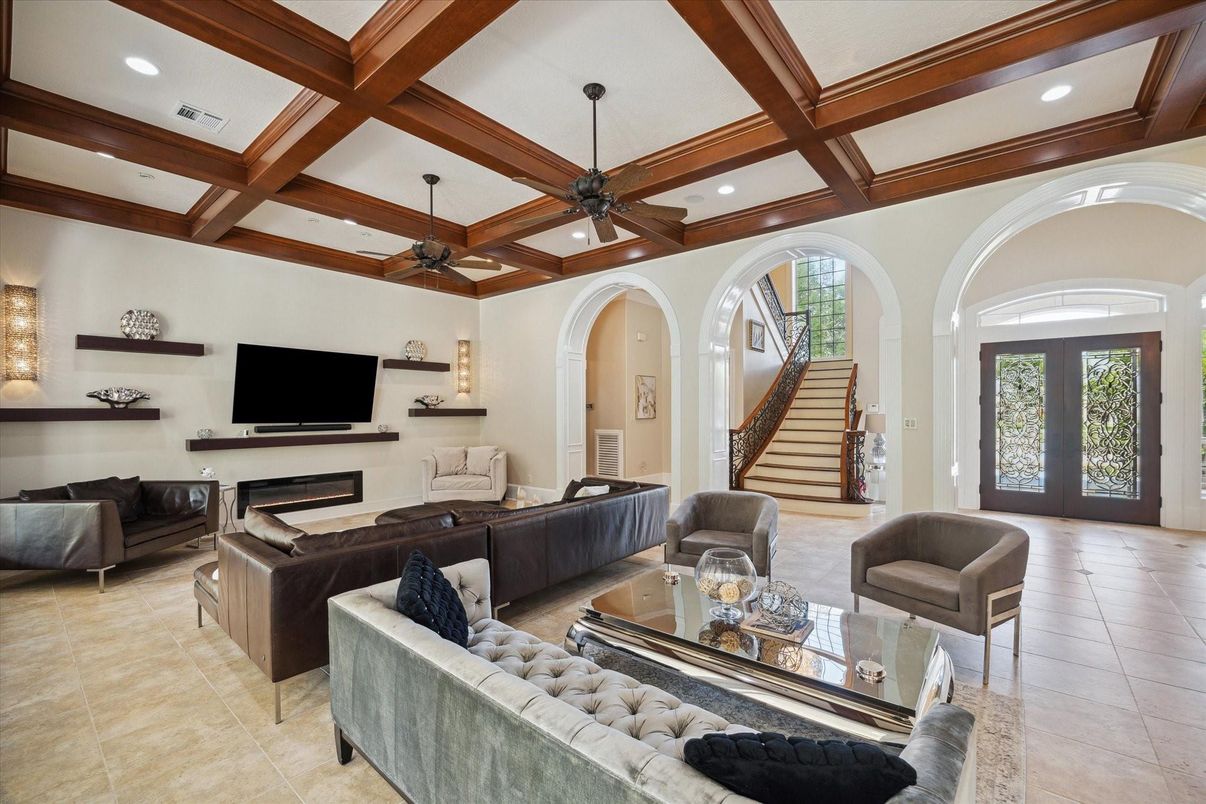Fireplace, Interior, Living room, Recessed Lighting, Wooden Beams