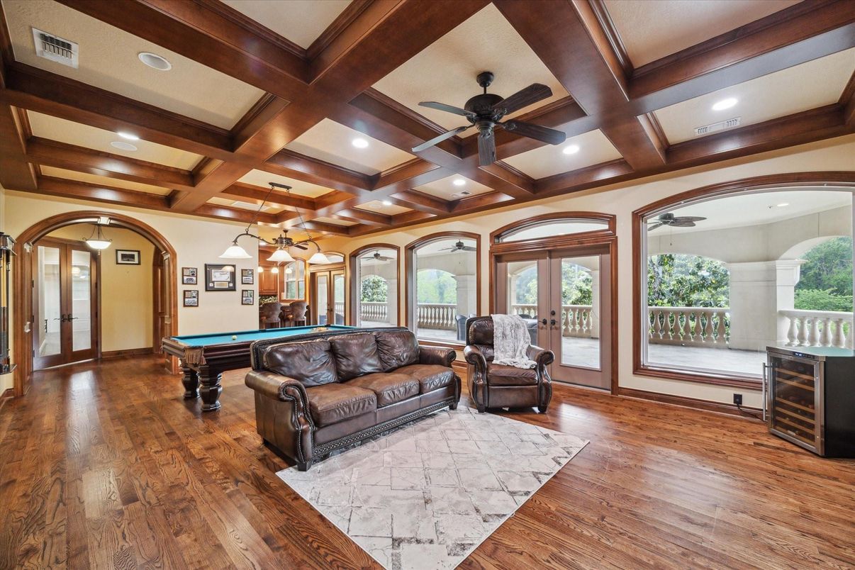 Billiard Table, Game Room, Interior, Recessed Lighting, Wooden Beams, Wood Texture Flooring