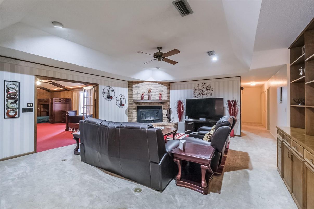 Fireplace, Interior, Living room, Recessed Lighting, Stone Walls
