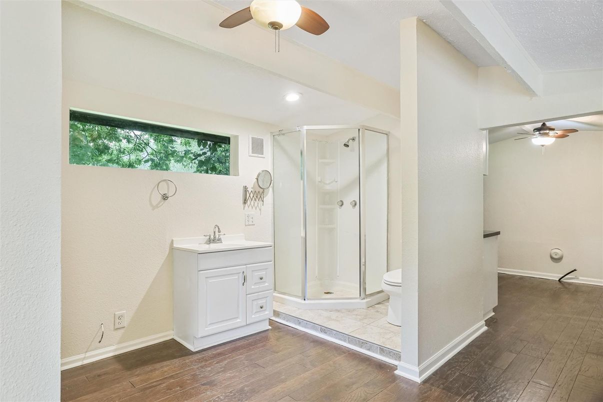 Bathroom, Glass Shower, Interior, Recessed Lighting, Wood Texture Flooring