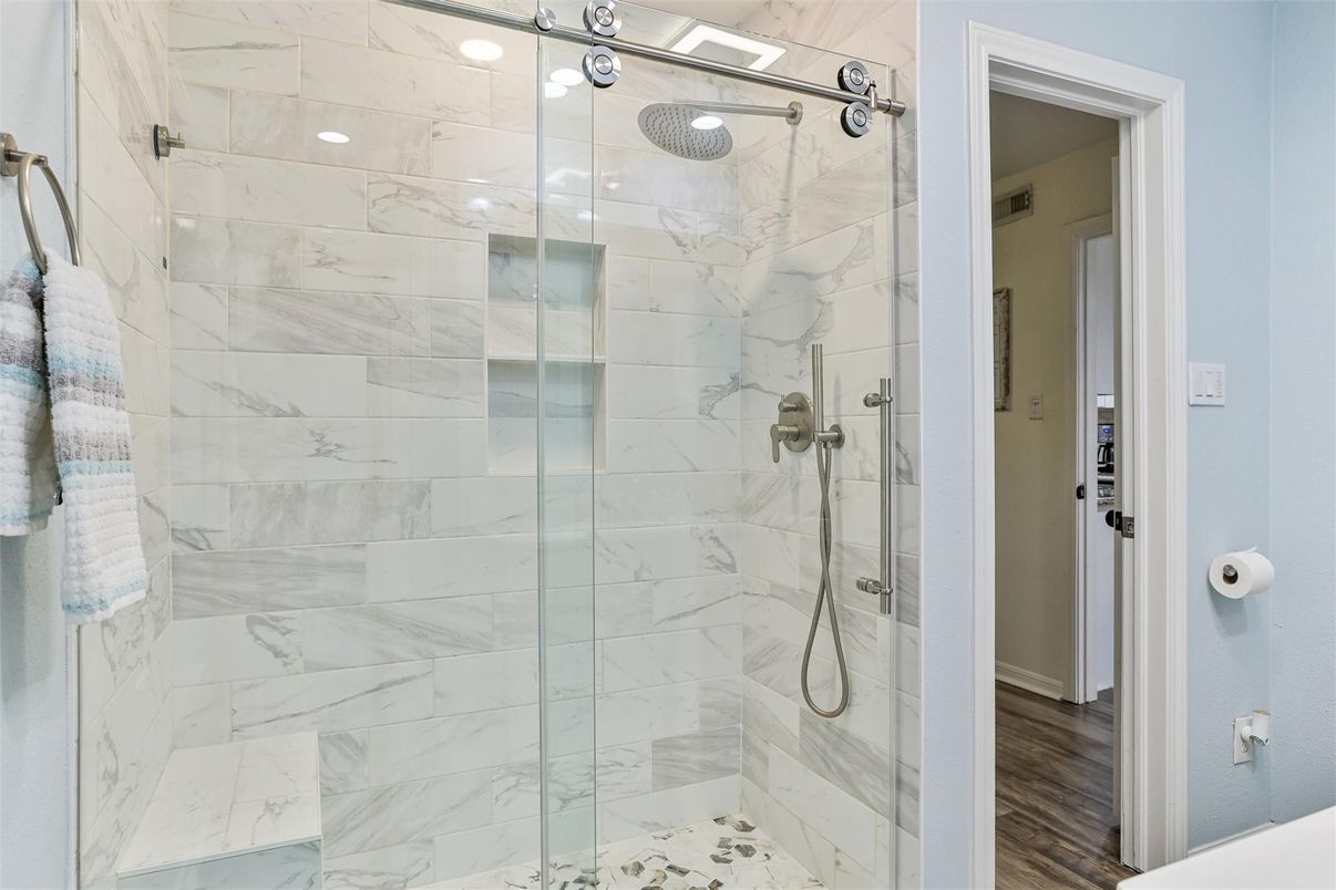 Bathroom, Glass Shower, Interior, Marble Walls, Recessed Lighting, Wood Texture Flooring