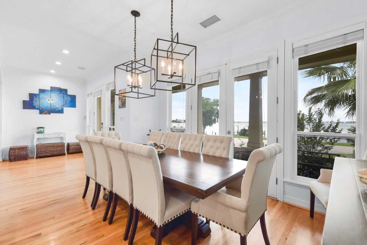 Dining room, Interior, Pendant Lights, Recessed Lighting, Wood Texture Flooring