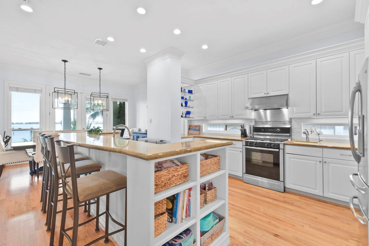 Interior, Kitchen, Pendant Lights, Recessed Lighting, Stainless Steel Appliances, Water, Wood Texture Flooring