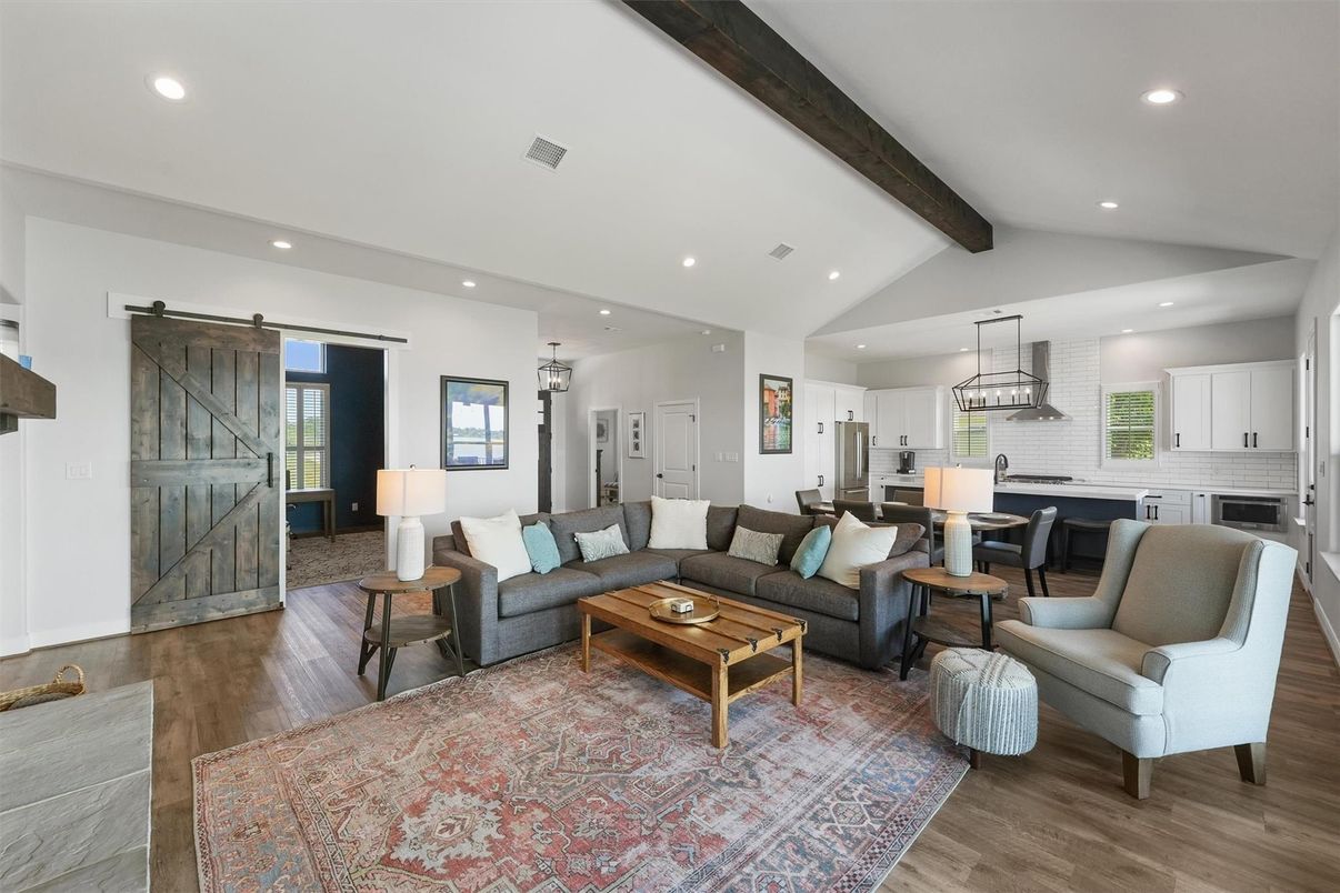 Interior, Kitchen, Living room, Pendant Lights, Recessed Lighting, Stainless Steel Appliances, Wooden Beams, Wood Texture Flooring