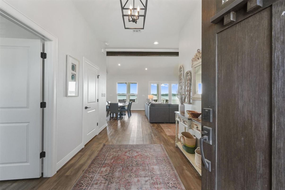 Dining room, Interior, Living room, Pendant Lights, Recessed Lighting, Wood Texture Flooring
