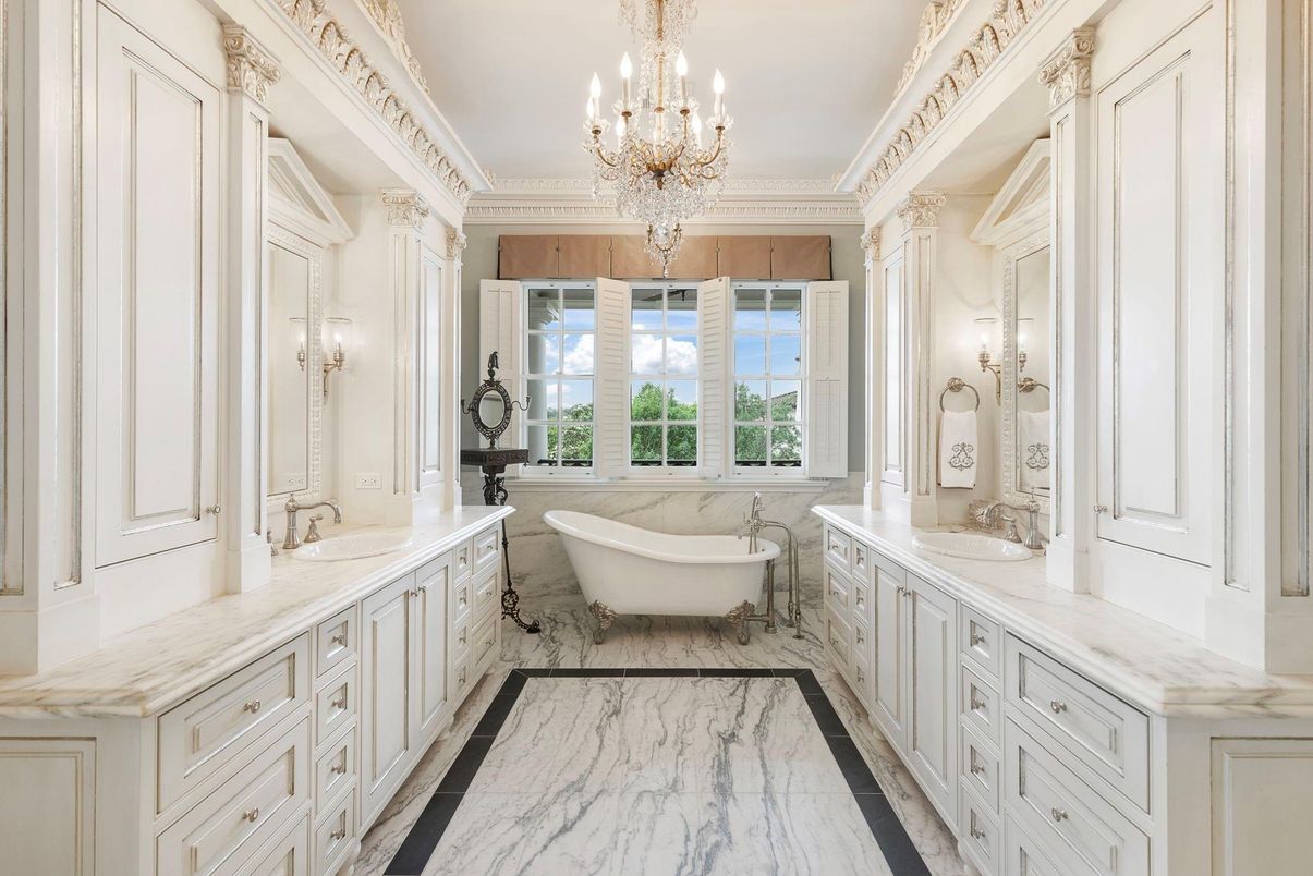 Bathroom, Chandelier, Dual Sink Vanities, Free Standing Baths, Interior, Marble