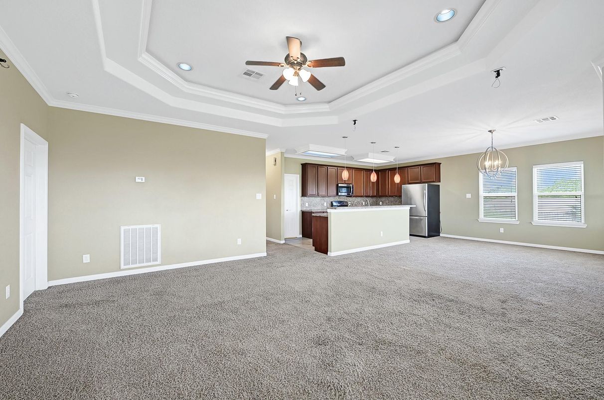 Chandelier, Empty room, Interior, Kitchen, Pendant Lights, Recessed Lighting, Stainless Steel Appliances