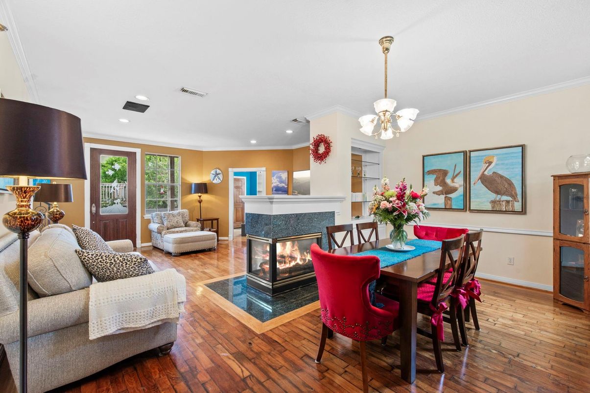 Chandelier, Dining room, Fireplace, Interior, Living room, Recessed Lighting, Wood Texture Flooring