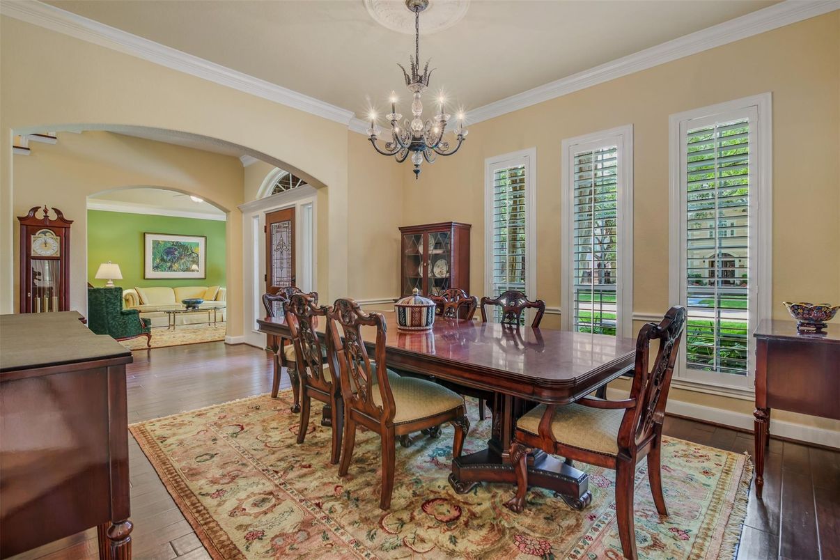 Chandelier, Dining room, Interior, Wood Texture Flooring