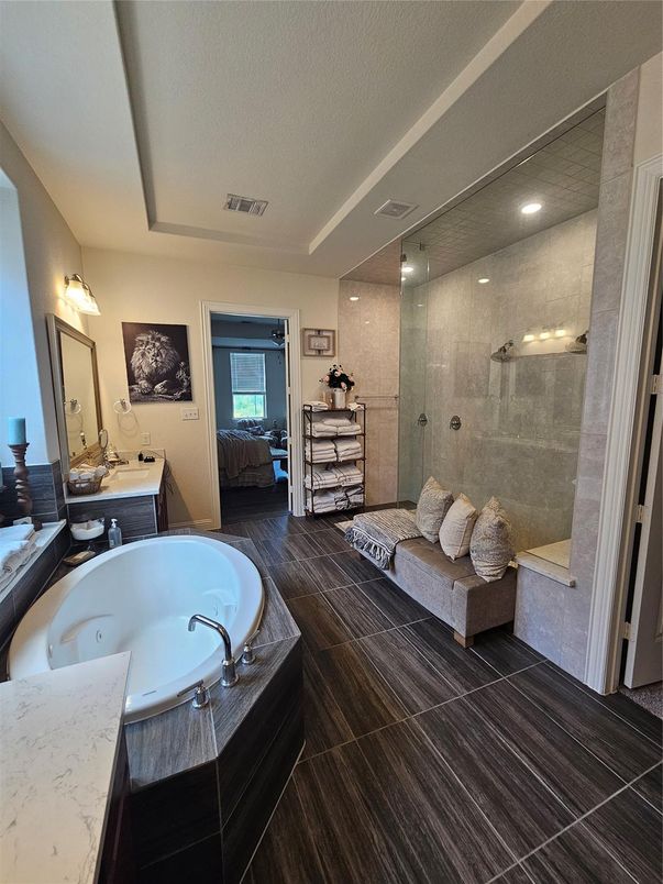 Bathroom, Dual Sink Vanities, Glass Shower, Interior, Recessed Lighting, Wood Texture Flooring