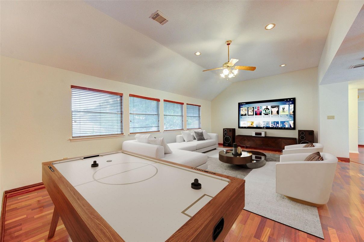 Game Room, Interior, Living room, Recessed Lighting, Wood Texture Flooring