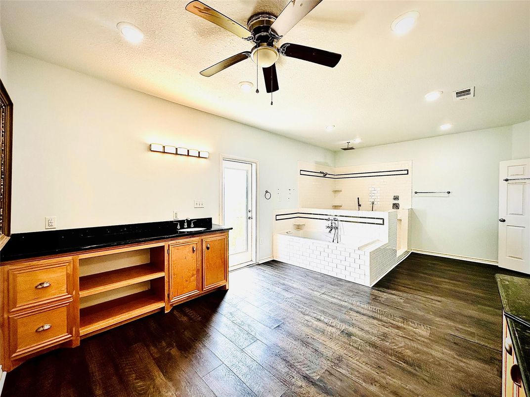Bathroom, Empty room, Interior, Recessed Lighting, Wood Texture Flooring
