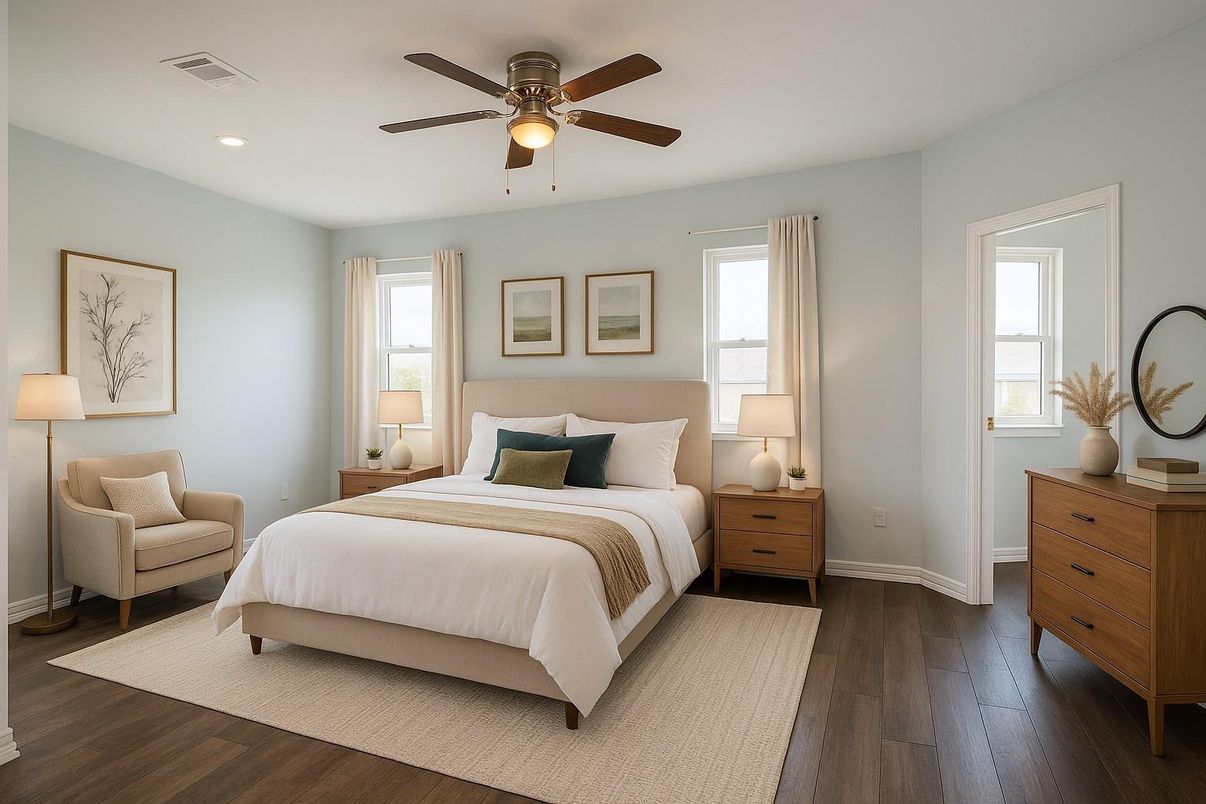 Bedroom, Interior, Recessed Lighting, Wood Texture Flooring