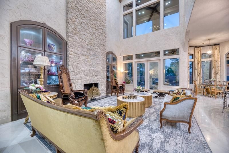 Dining room, Fireplace, Interior, Living room, Pendant Lights, Stone Walls