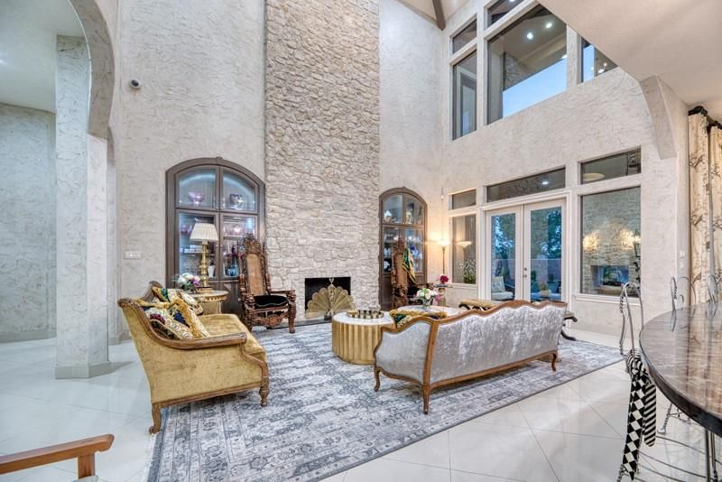 Fireplace, Interior, Living room, Recessed Lighting, Stone Walls