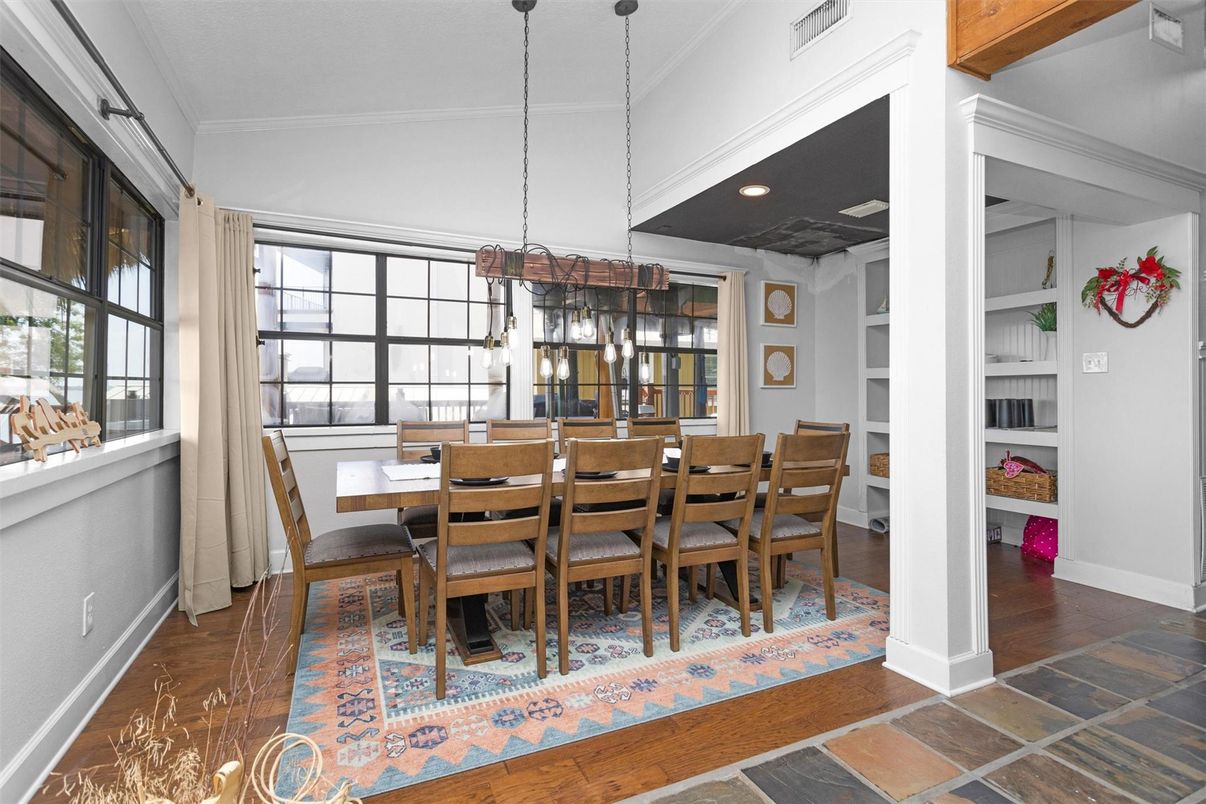 Chandelier, Dining room, Interior, Pendant Lights, Recessed Lighting, Wood Texture Flooring