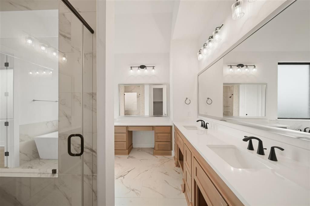 Bathroom, Dual Sink Vanities, Glass Shower, Interior, Marble, Marble Walls
