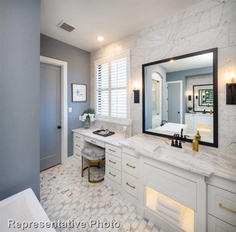Bathroom, Dual Sink Vanities, Interior, Marble Walls, Recessed Lighting