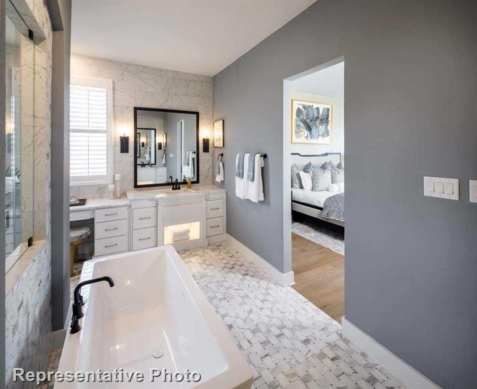 Bathroom, Bedroom, Dual Sink Vanities, Interior, Marble Walls, Wood Texture Flooring