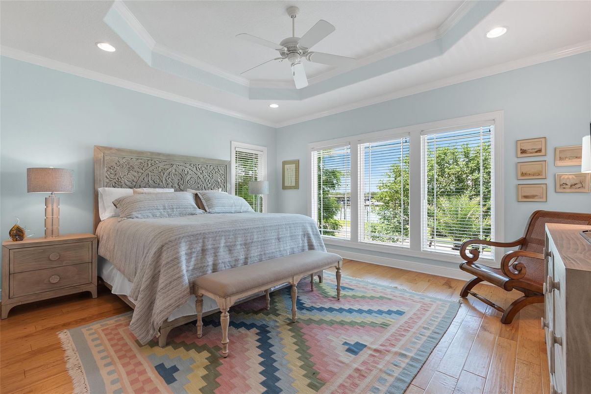 Bedroom, Interior, Recessed Lighting, Wood Texture Flooring