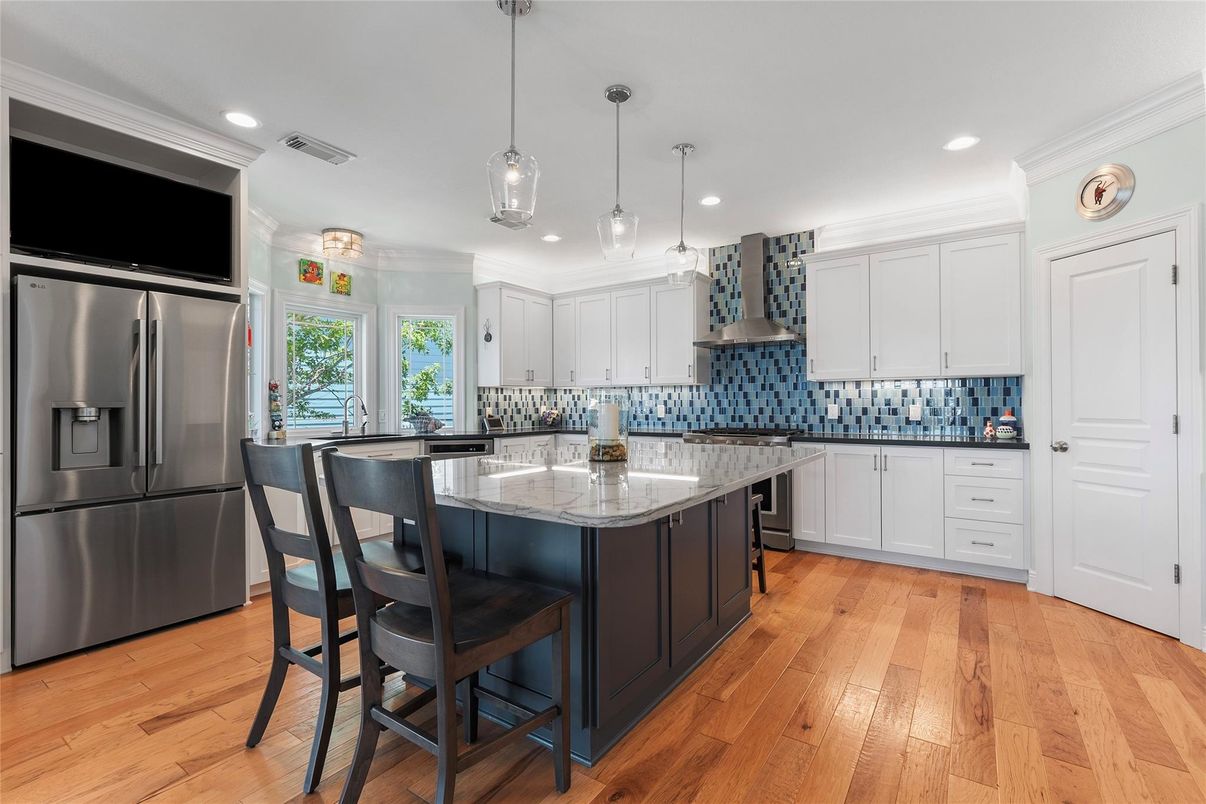 Interior, Kitchen, Pendant Lights, Recessed Lighting, Stainless Steel Appliances, Wood Texture Flooring