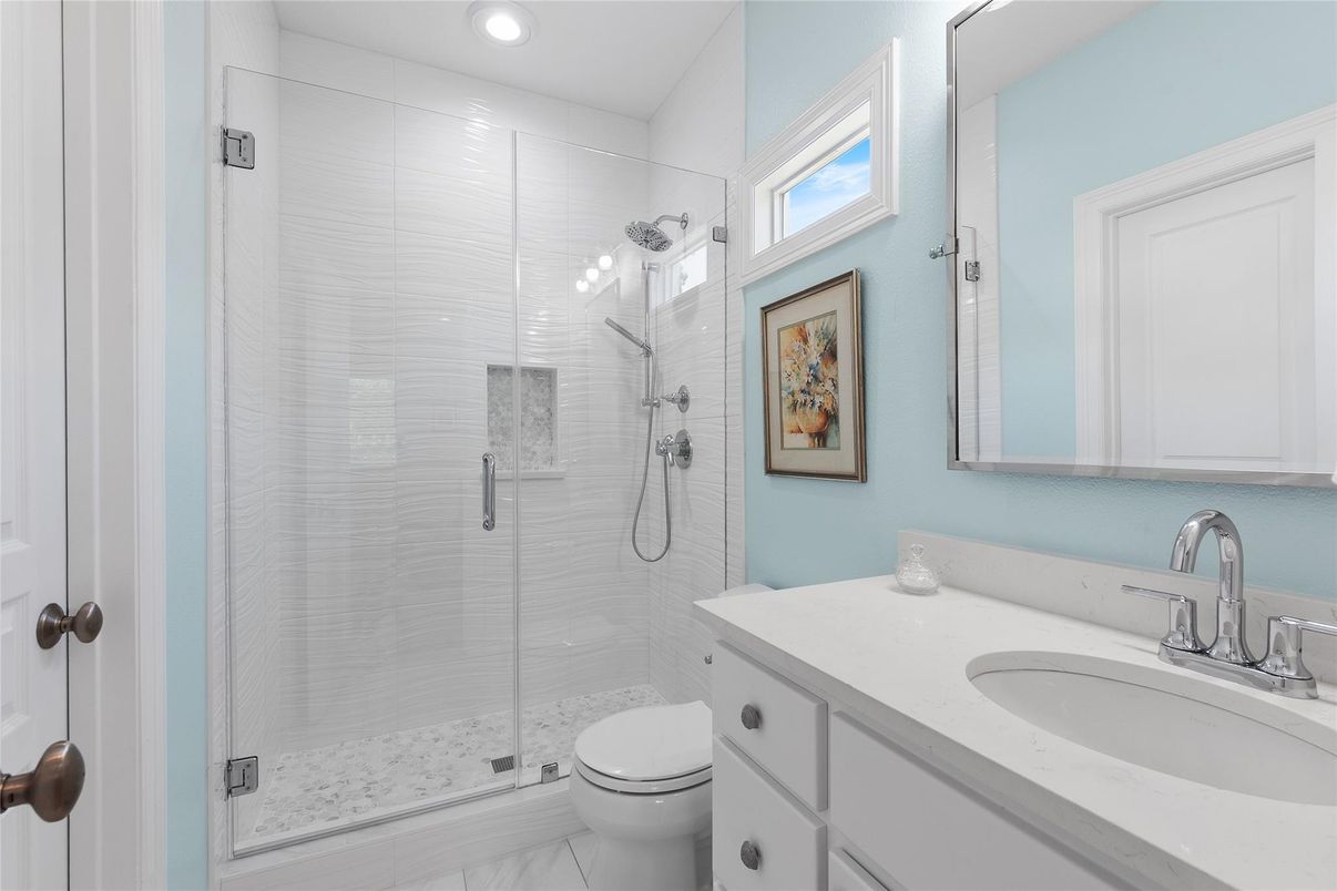 Bathroom, Glass Shower, Interior, Marble, Recessed Lighting