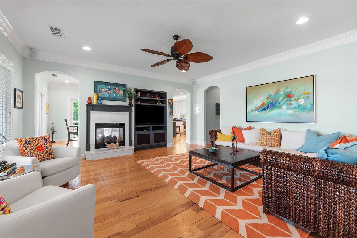 Fireplace, Interior, Living room, Recessed Lighting, Wood Texture Flooring