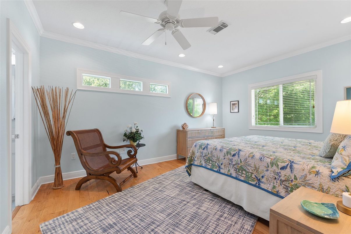 Bedroom, Interior, Recessed Lighting, Wood Texture Flooring