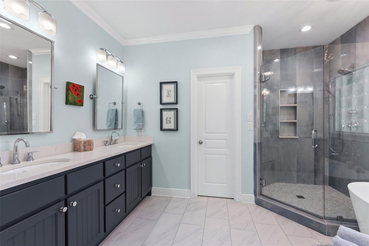 Bathroom, Dual Sink Vanities, Glass Shower, Interior, Marble, Recessed Lighting
