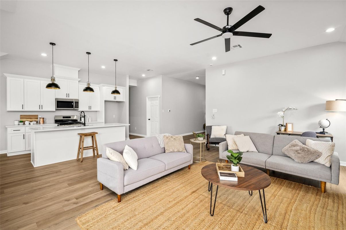 Interior, Kitchen, Living room, Pendant Lights, Recessed Lighting, Stainless Steel Appliances, Wood Texture Flooring