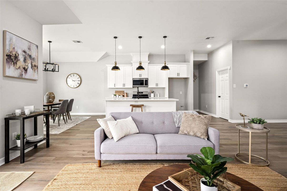 Dining room, Interior, Kitchen, Living room, Pendant Lights, Recessed Lighting, Stainless Steel Appliances, Wood Texture Flooring