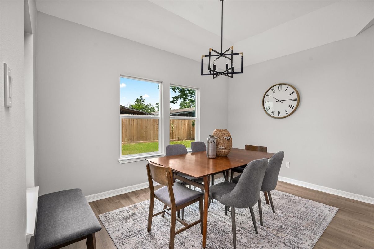 Dining room, Interior, Pendant Lights, Wood Texture Flooring