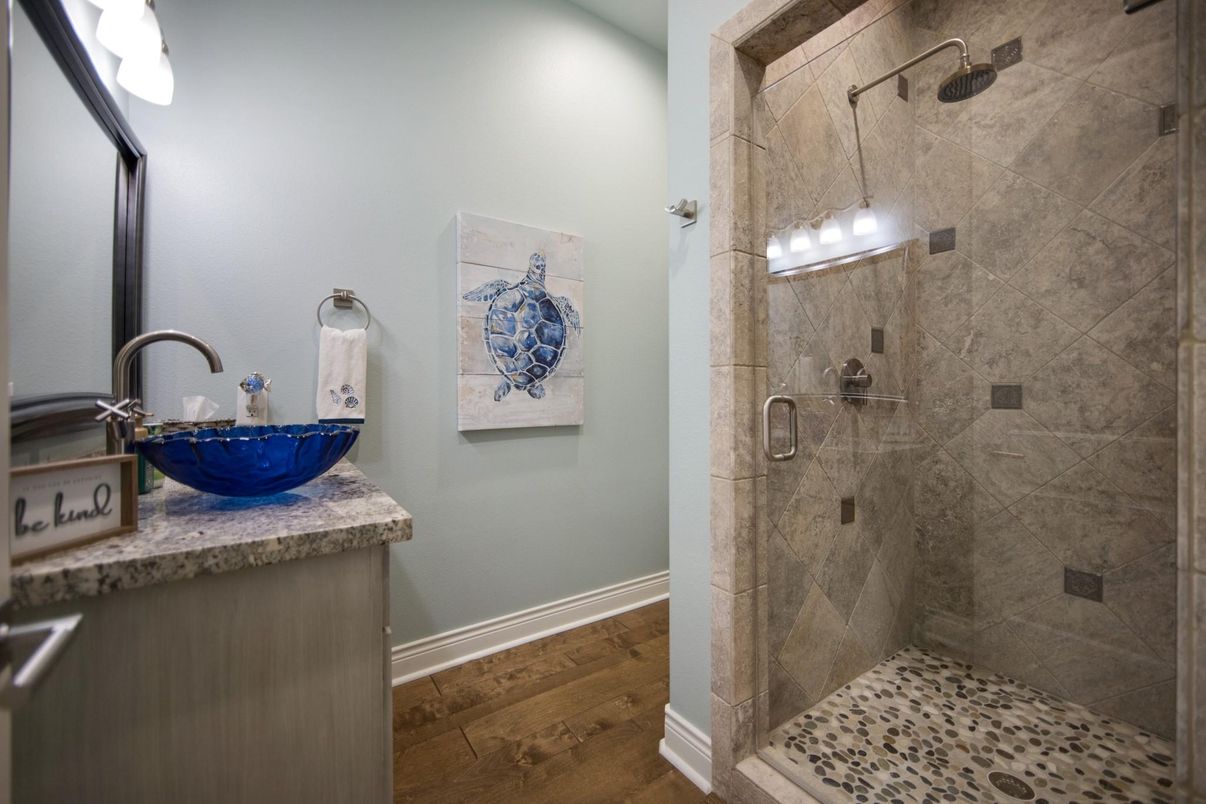 Bathroom, Glass Shower, Interior, Wood Texture Flooring