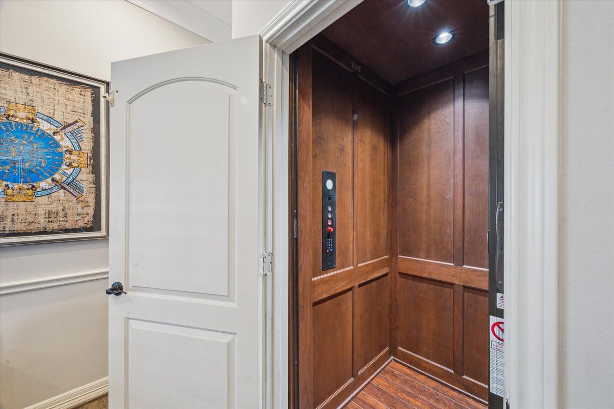 Elevator, Interior, Recessed Lighting, Wood Texture Flooring, Wooden Walls