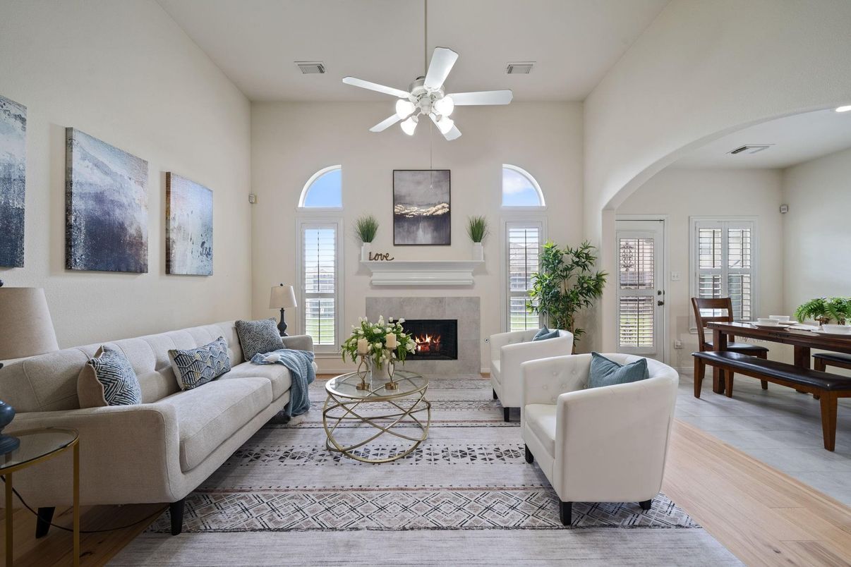 Dining room, Fireplace, Interior, Living room, Recessed Lighting, Wood Texture Flooring