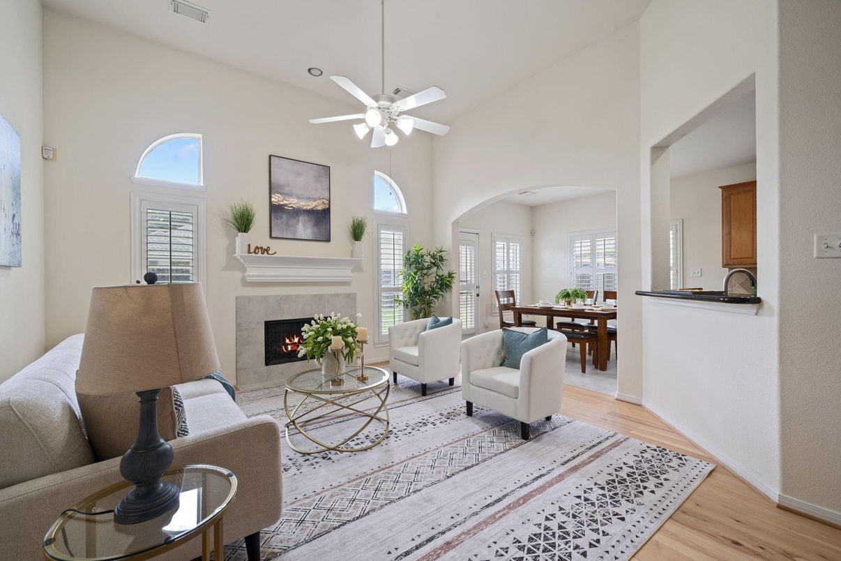 Dining room, Fireplace, Interior, Living room, Wood Texture Flooring