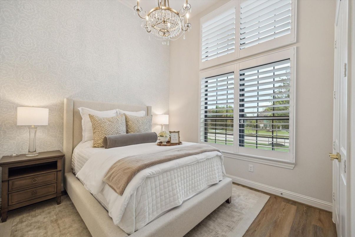 Bedroom, Chandelier, Interior, Wood Texture Flooring