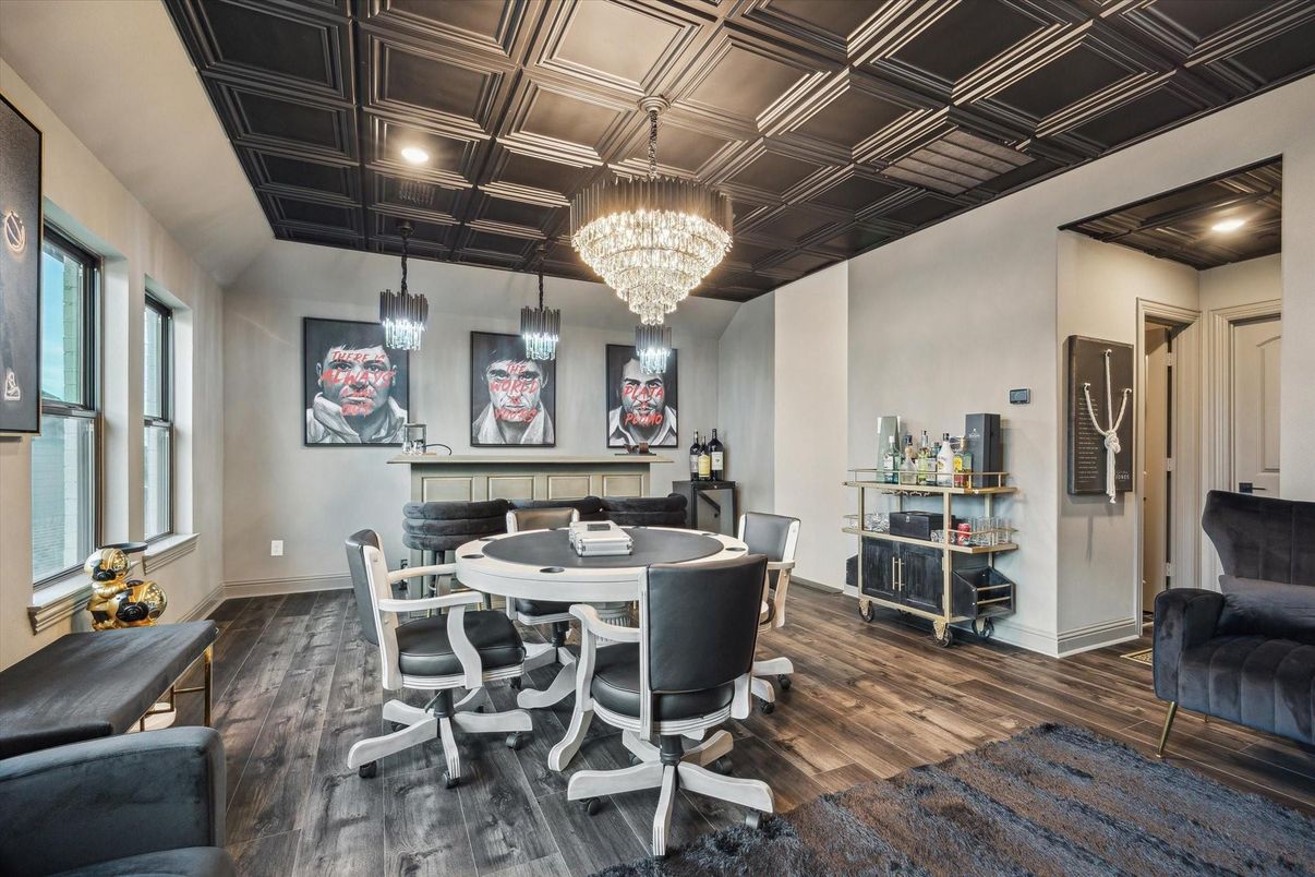 Chandelier, Home Office, Interior, Recessed Lighting, Wood Texture Flooring