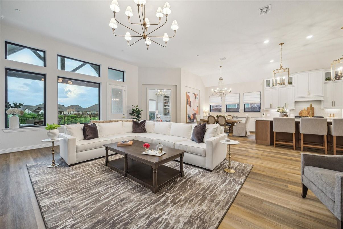 Chandelier, Dining room, Interior, Kitchen, Living room, Pendant Lights, Recessed Lighting, Wood Texture Flooring