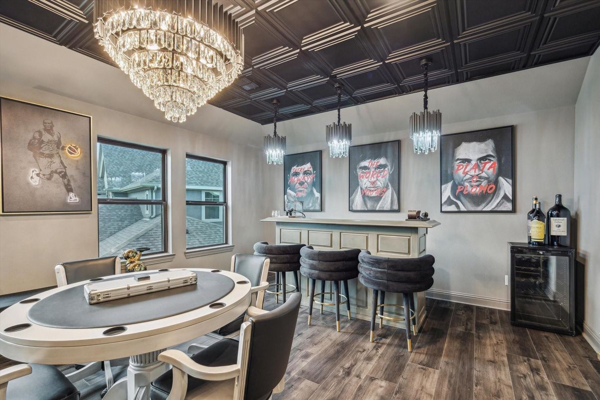 Chandelier, Game Room, Interior, Pendant Lights, Wood Texture Flooring