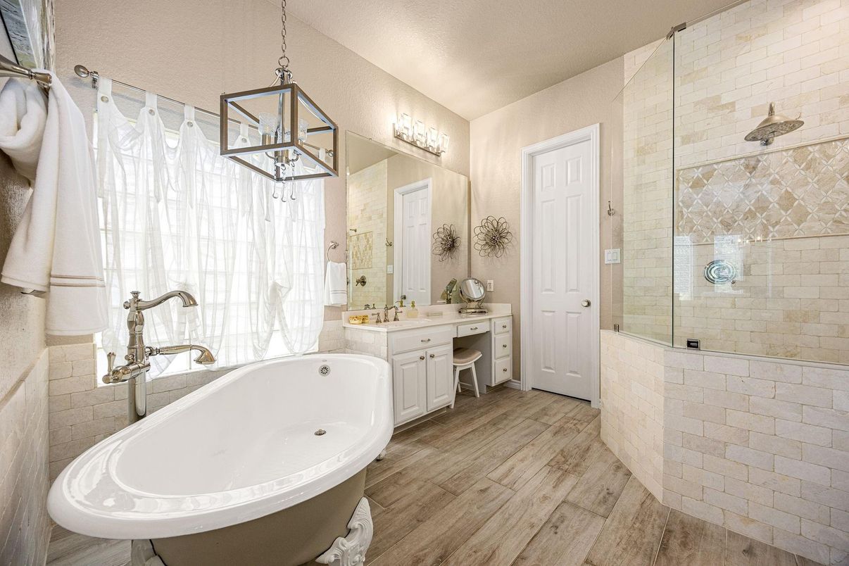Bathroom, Free Standing Baths, Glass Shower, Interior, Pendant Lights, Stone Walls, Wood Texture Flooring