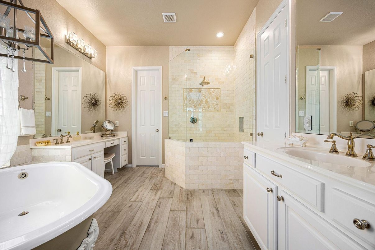 Bathroom, Dual Sink Vanities, Interior, Recessed Lighting, Wood Texture Flooring