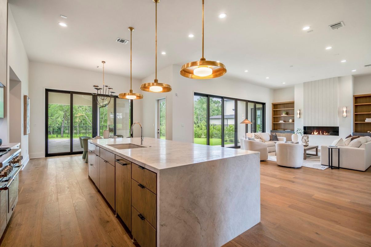Dining room, Fireplace, Interior, Kitchen, Living room, Pendant Lights, Recessed Lighting, Wood Texture Flooring